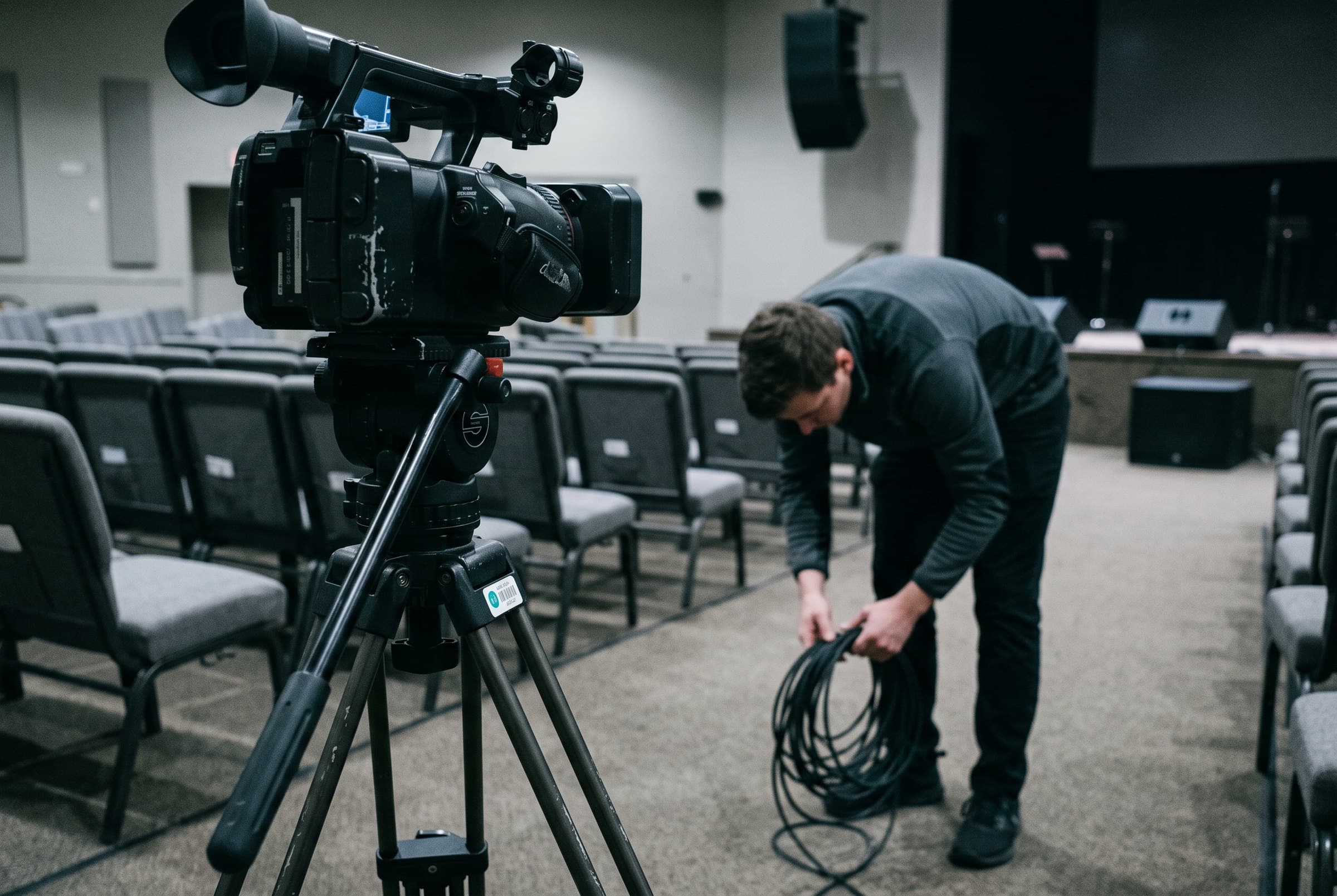 Volunteer adjusting a tagged audio console at the side of a church stage before a service