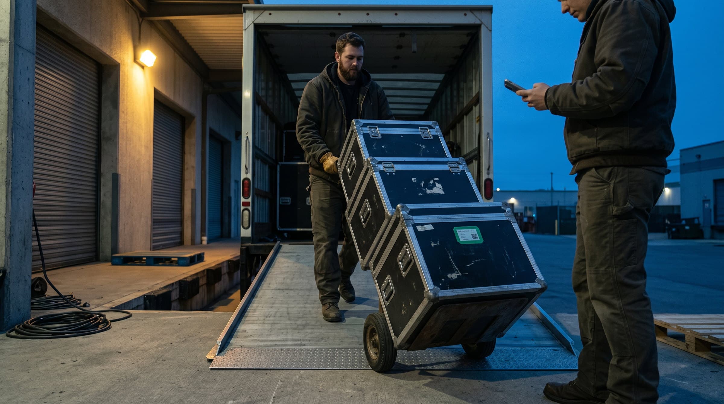 Crew wheeling tagged flight cases down a loading ramp during an event load-in