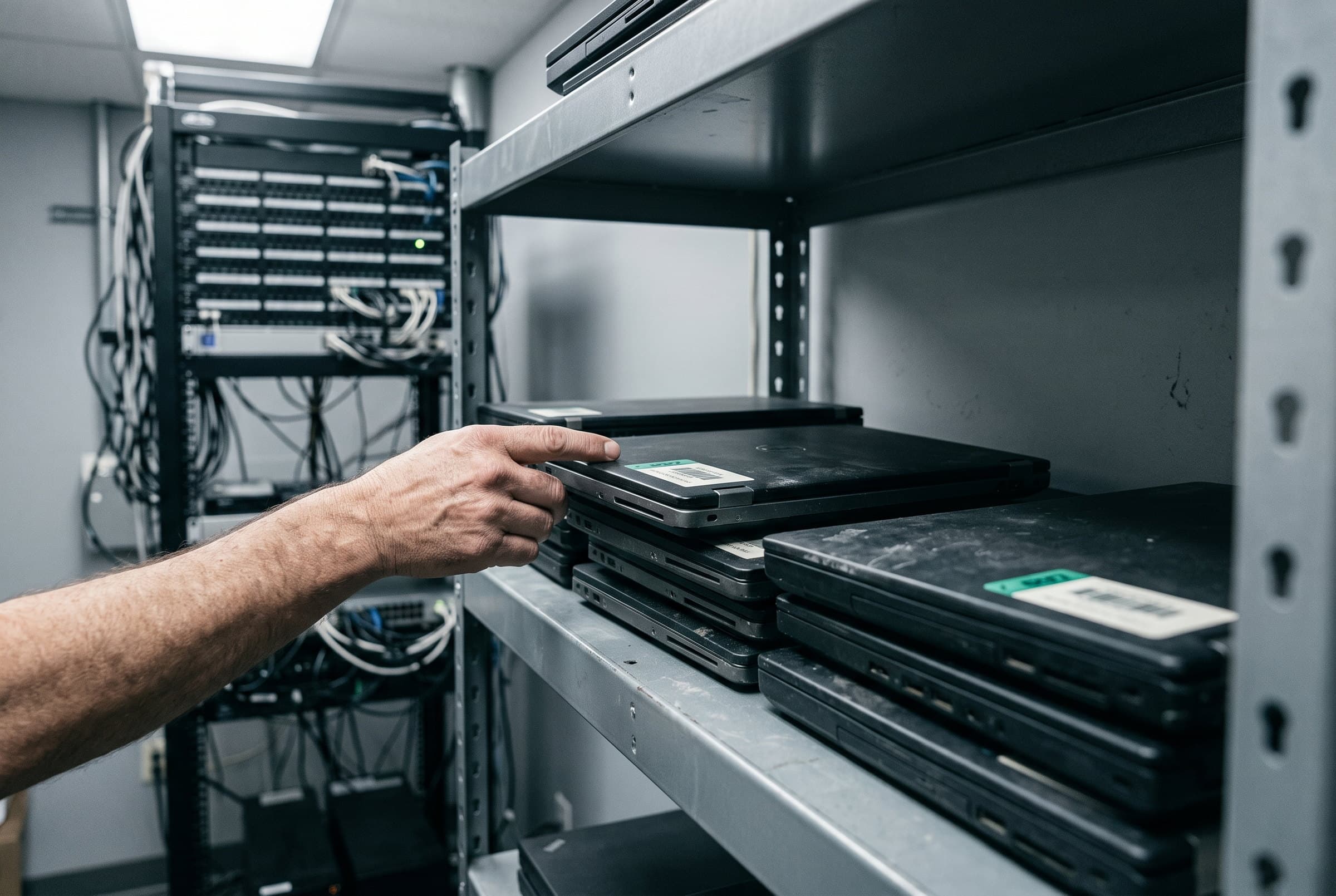 Technician checking tagged network hardware in a server rack room