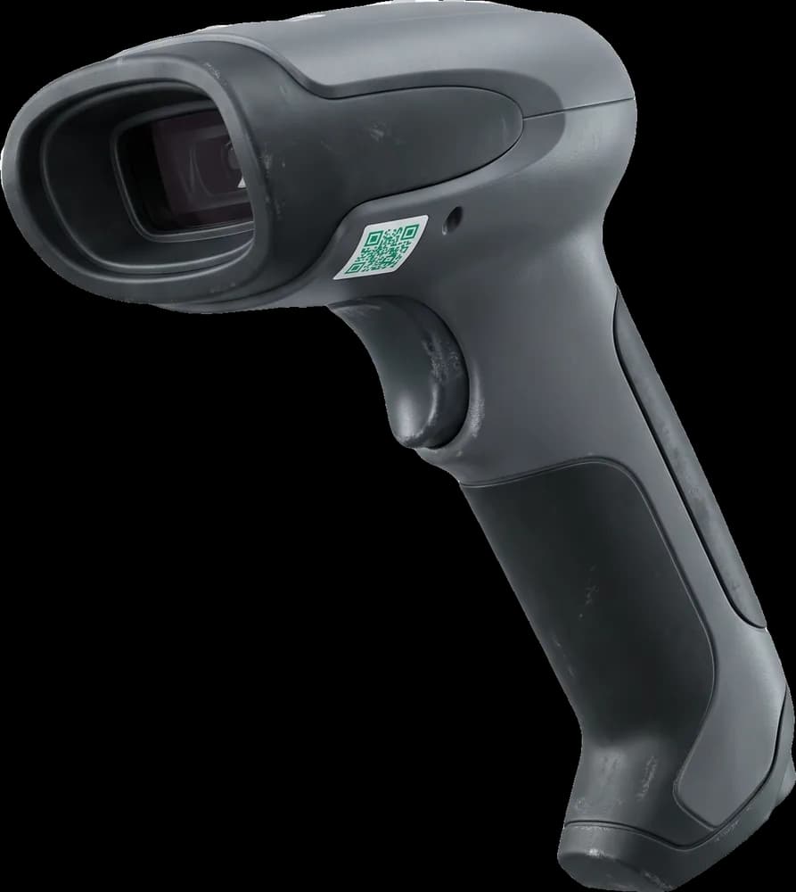 Handheld barcode scanner angled downward, tagged with an emerald QR asset tag