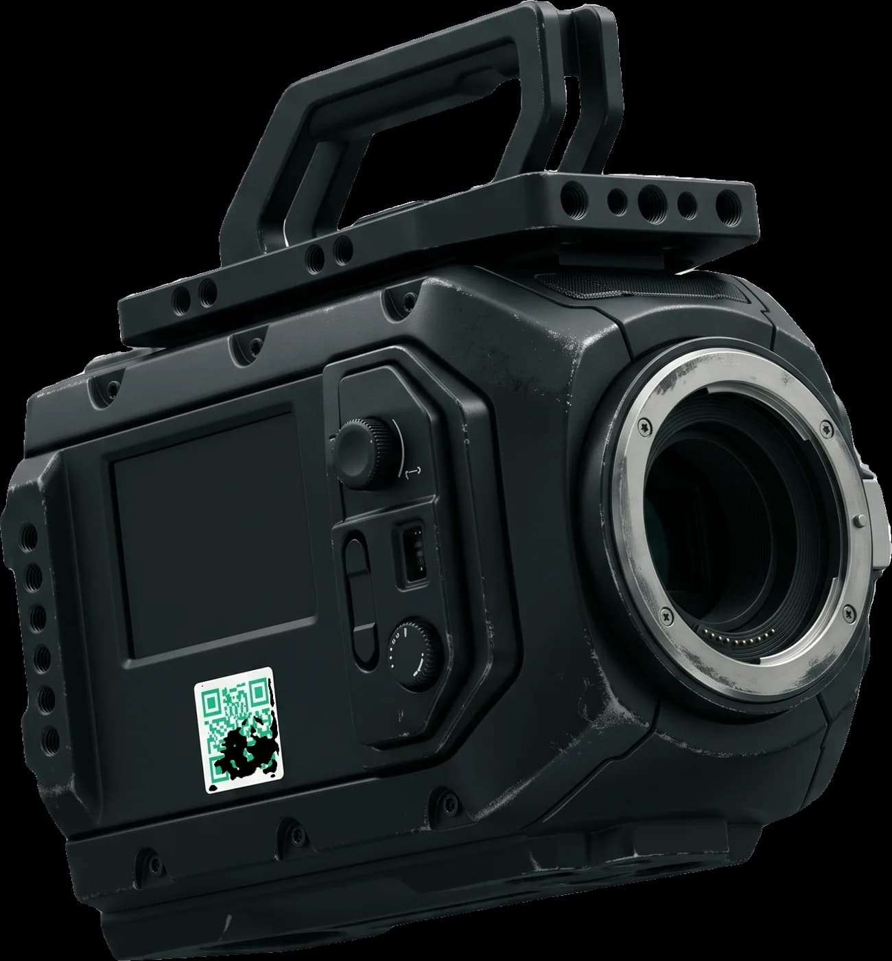 Professional camera body and lens tagged with an emerald QR asset tag