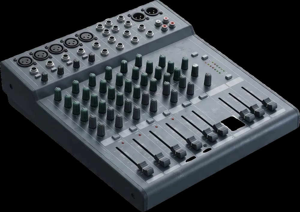 Audio mixing desk tagged with an emerald QR asset tag on its side panel