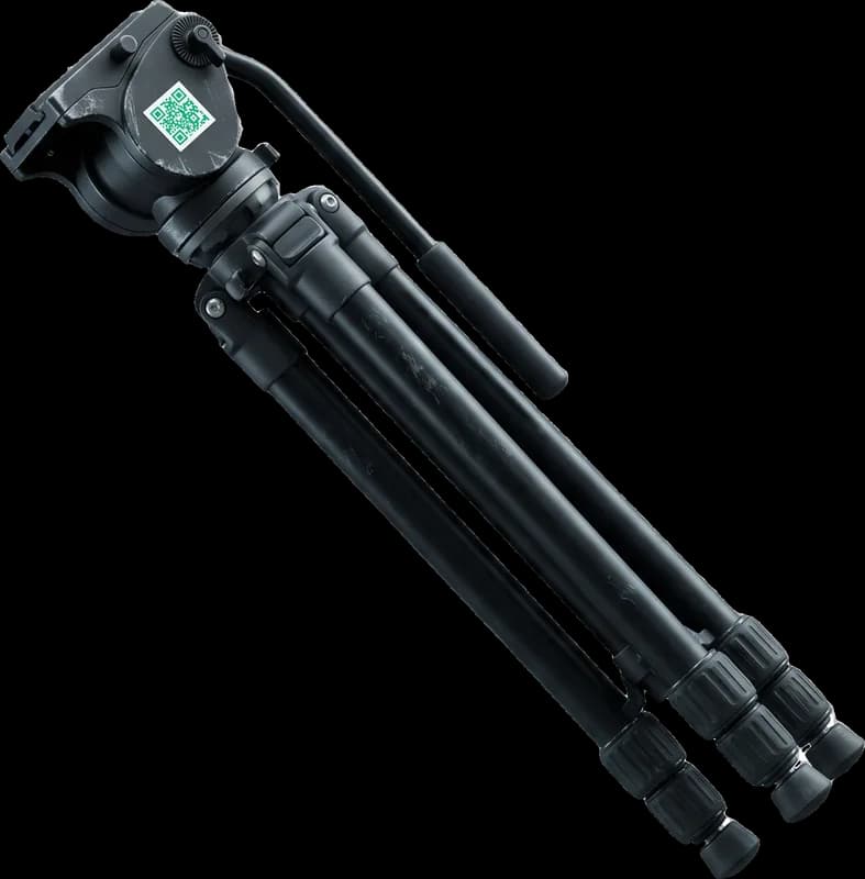 Folded camera tripod carrying an emerald QR asset tag on one leg