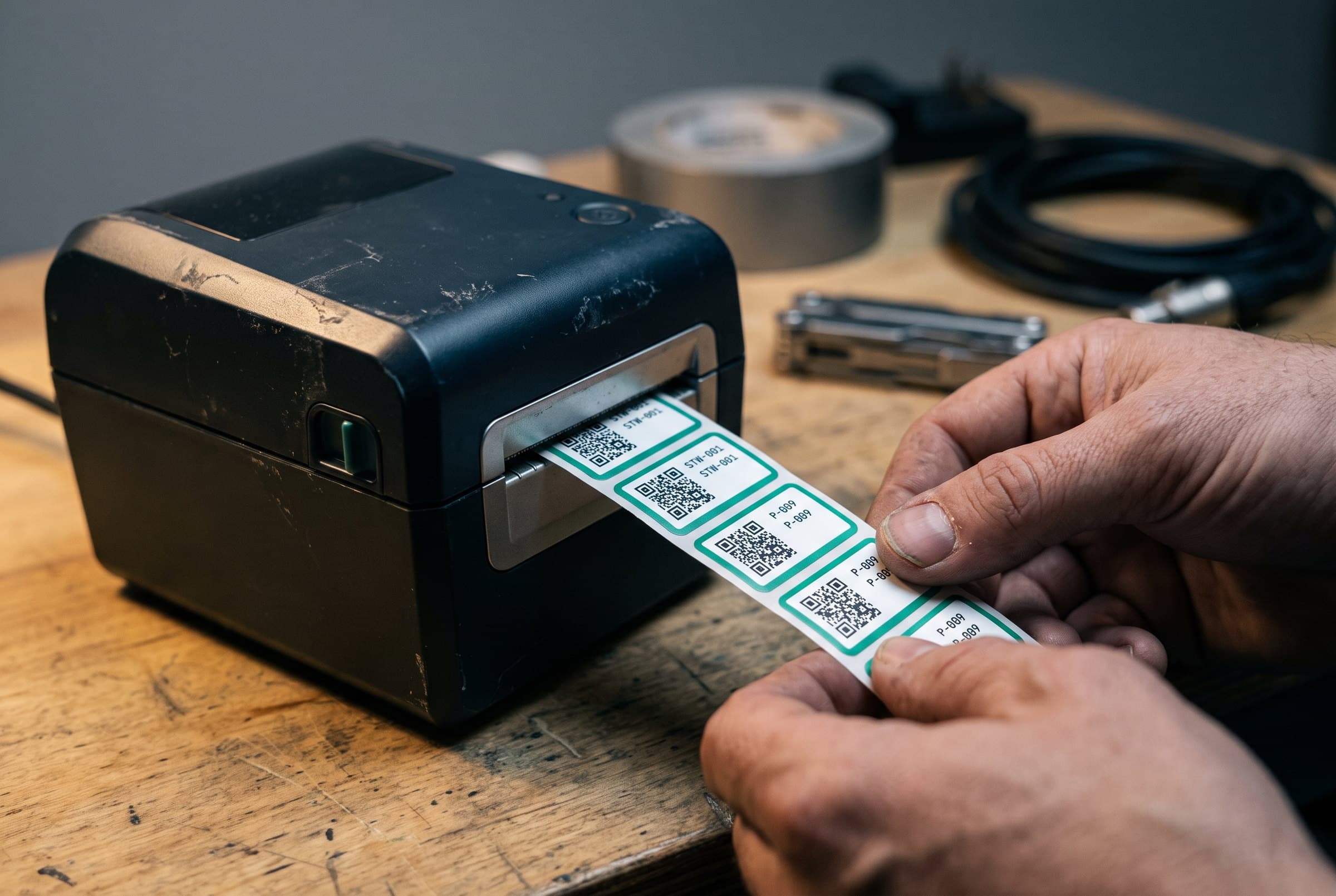 Label printer feeding out a freshly printed emerald QR asset tag on a workbench