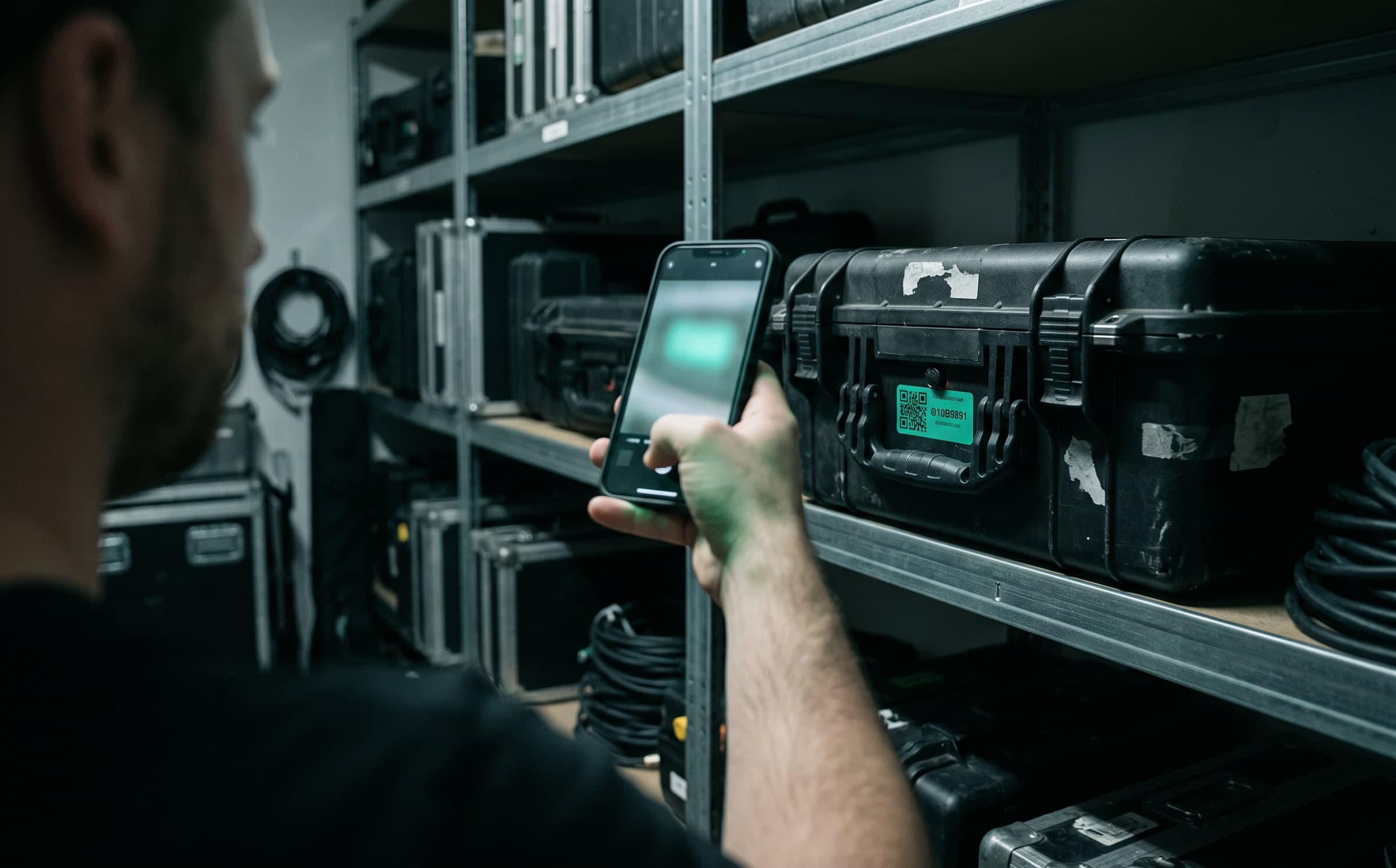 Crew member scanning tagged equipment on a shelf in a storage room