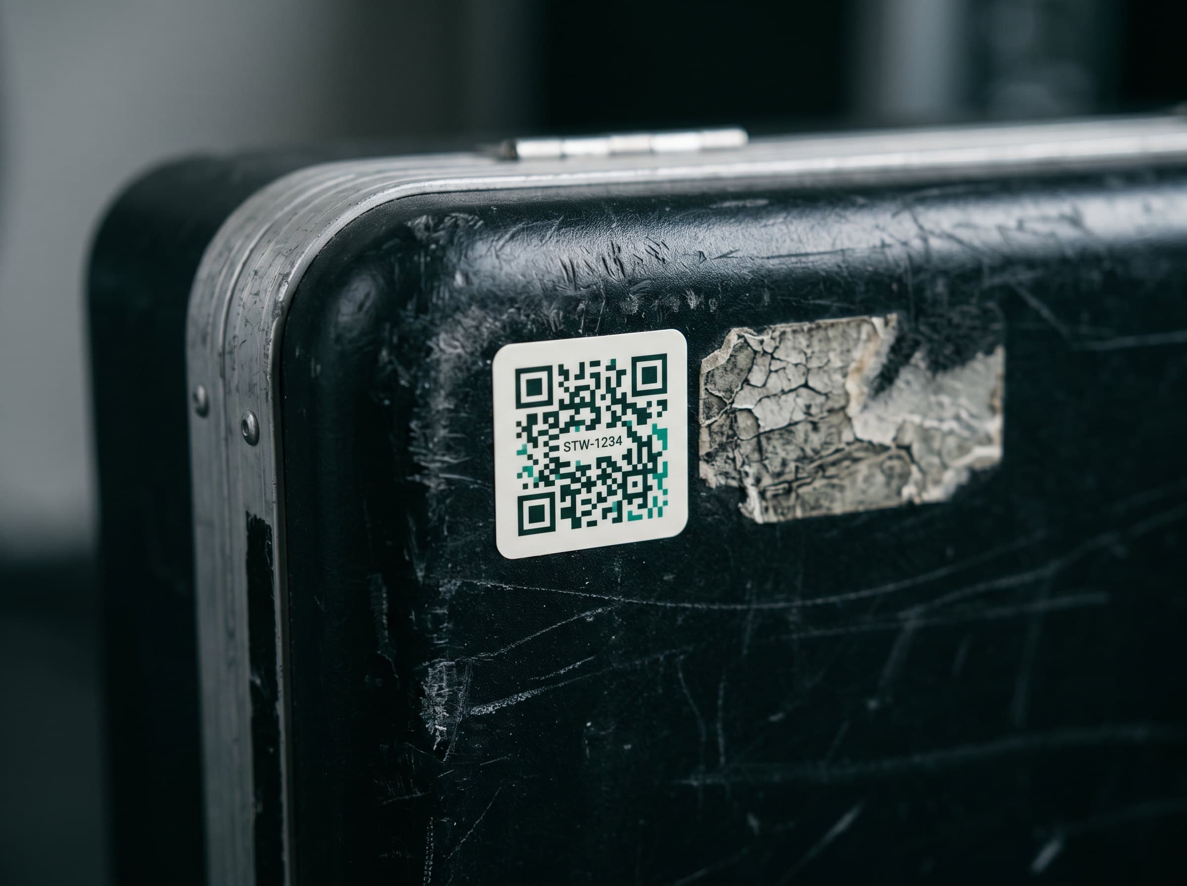 Close-up of an emerald QR asset tag adhered to the textured lid of a hard equipment case